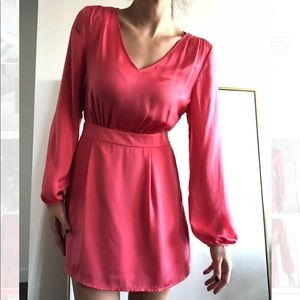 Coral silk long-sleeved dress